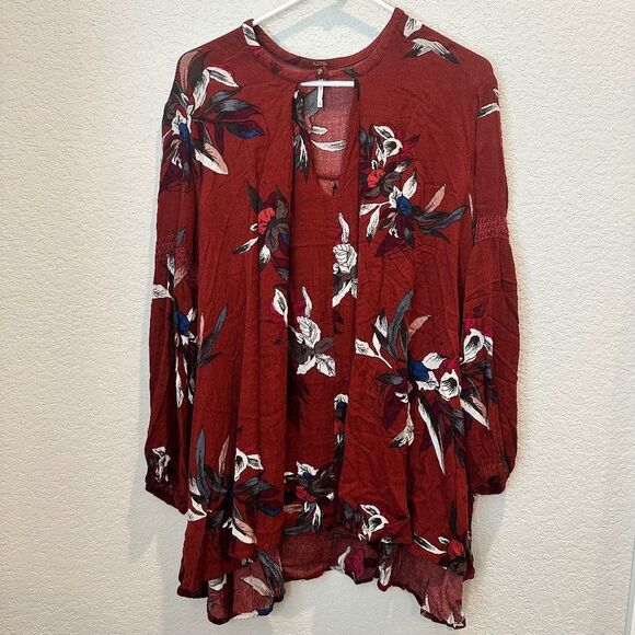 Free People Red Floral Oversized Long Sleeve Tunic Blouse - Size Small - EUC - Picture 1 of 7